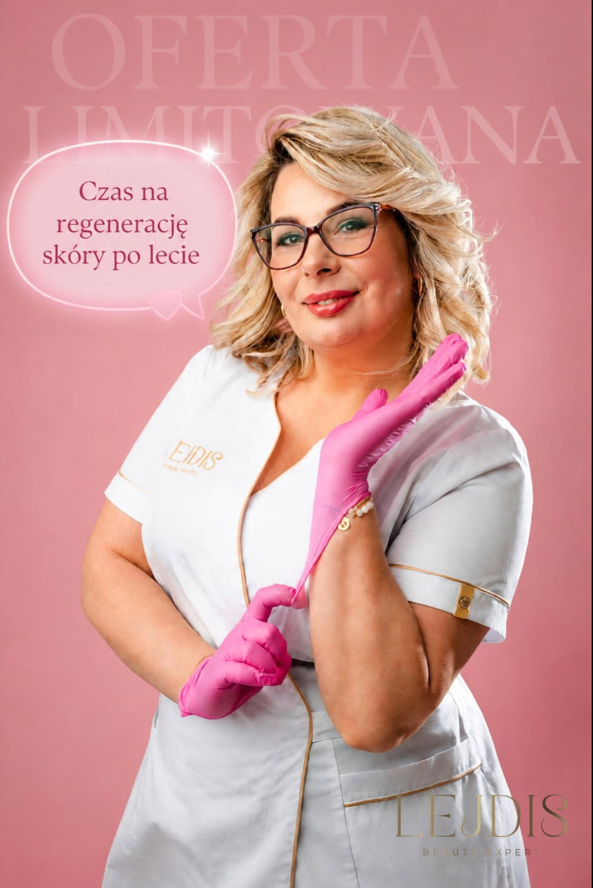 Zakładam różowe rękawiczki, na fartuchu złote logo Lejdis